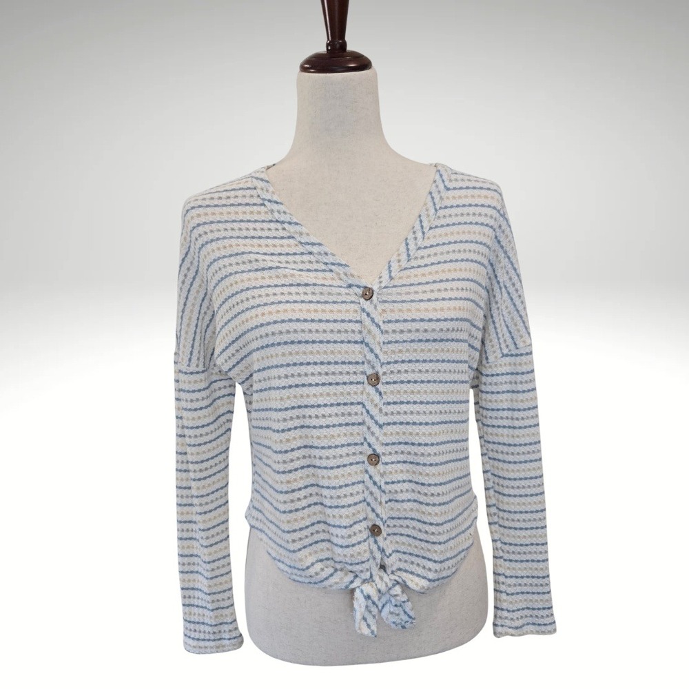Anthropologie‎ Paper Crane Sz XS Cardigan Tie-Front Waffle Knit Long Sleeve Top